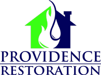 Logo for Providence Restoration displaying a house with a water and fire drop through the center